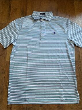 Light Blue and White Striped Performance Polo